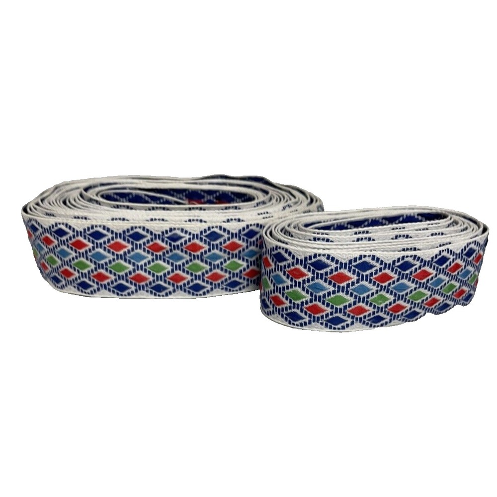Vtg Boho Ribbon Diamond Jacquard Geometric Embroidered Woven Sewing Trim 11.75 y